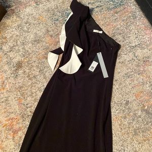 NWT Halston Heritage Flounce One Shoulder Crepe Dress Gown Black & White 4